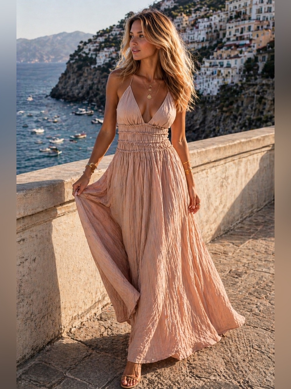 ZARA BNWT XL Blush Pink Smocked Maxi Dress 🌸 Flowy Strappy Open Back Summer